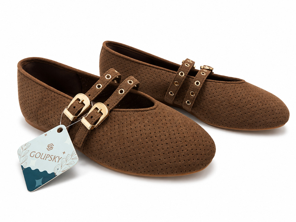 Goupsky Double Buckle Mary Jane Flats Brown Perforated Size EU 40 New Open Box
